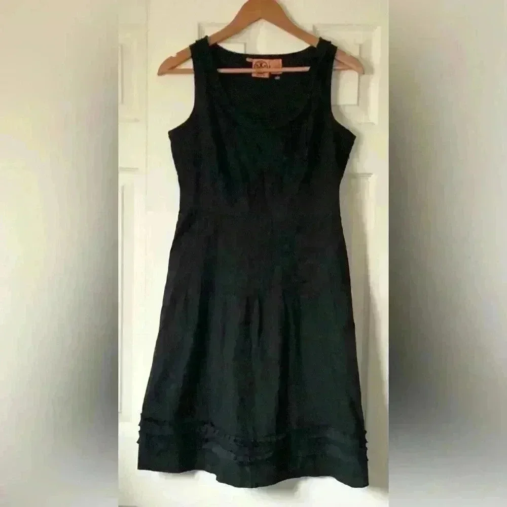 Tory Burch Dress Solid Black Pleated A-Line Sleeveless Ruffled Hem Cotton size 4